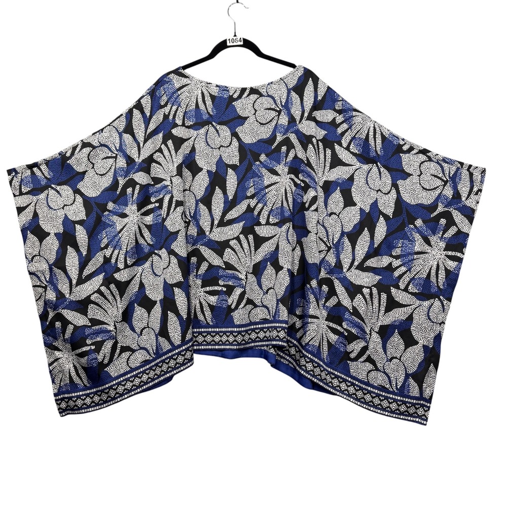 Chico's Kaftan Blouse Women L/XL Blue Black Floral Mosaic Kimono Sleeve Top